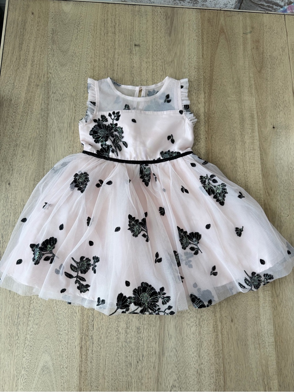 Zunie Girls Pink Tulle Dress with Black Floral Embroidery 4T